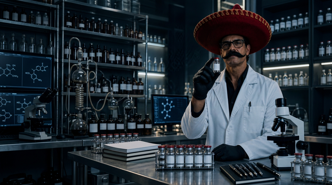 Señor Peppers brand figure — a mustachioed man in a red sombrero and white lab coat holding a research peptide vial